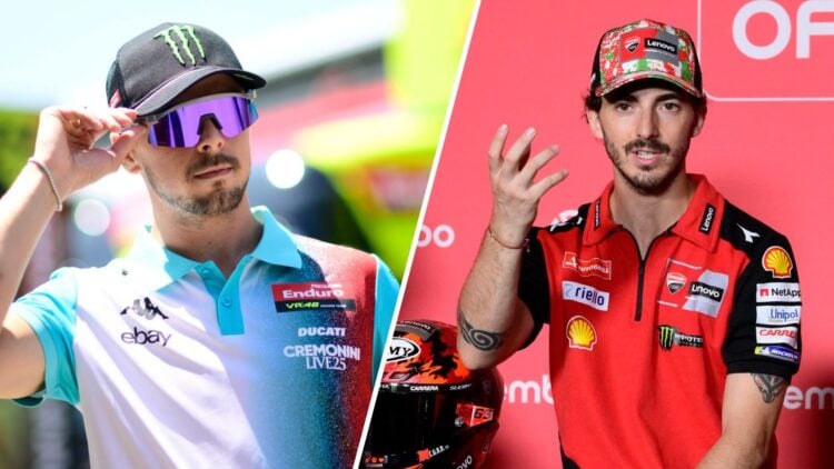 Fabio Di Giannantonio of VR46 walks in the MotoGP paddock (L); Francesco Bagnaia of Ducati in a press conference