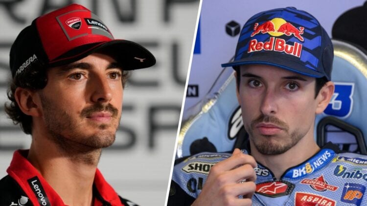 Ducati rider Francesco Bagnaia in a press conference at the 2025 MotoGP Spanish Grand Prix at Jerez and Gresini rider Alex Marquez in the garage at...