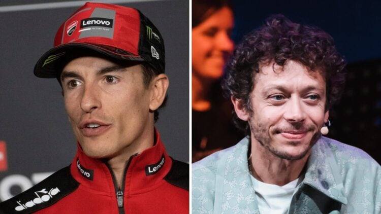 Marc Marquez of Ducati in a press conference (L); Valentino Rossi in an interview
