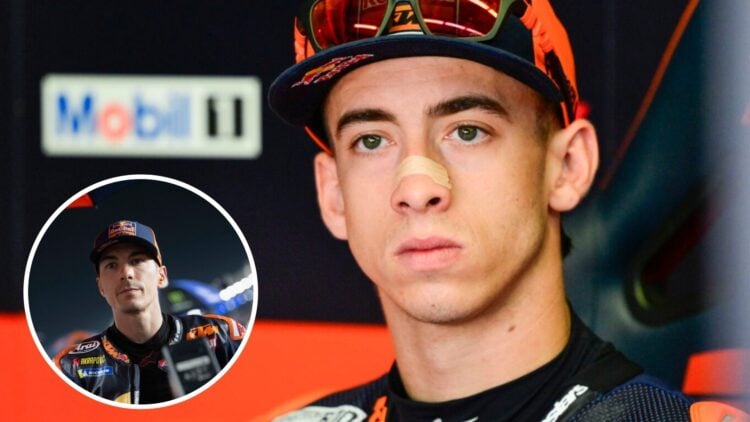 KTM rider Pedro Acosta in the garage before practice for the 2025 MotoGP Italian Grand Prix at Mugello with an inset of Tech3 rider Maverick Vinale...