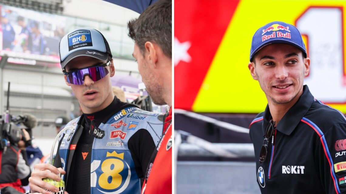 Split image of Gresini rider Fermin Aldeguer (L) at the 2025 British Grand Prix and Toprak Razgatlioglu (R)