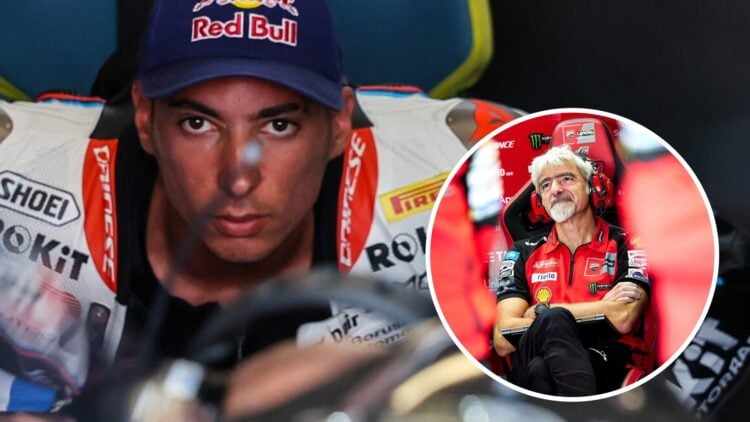 Toprak Razgatlioglu in the BMW garage during the 2025 World Superbikes round at Misano with an inset of Ducati general manager Luigi Dall'Igna in t...
