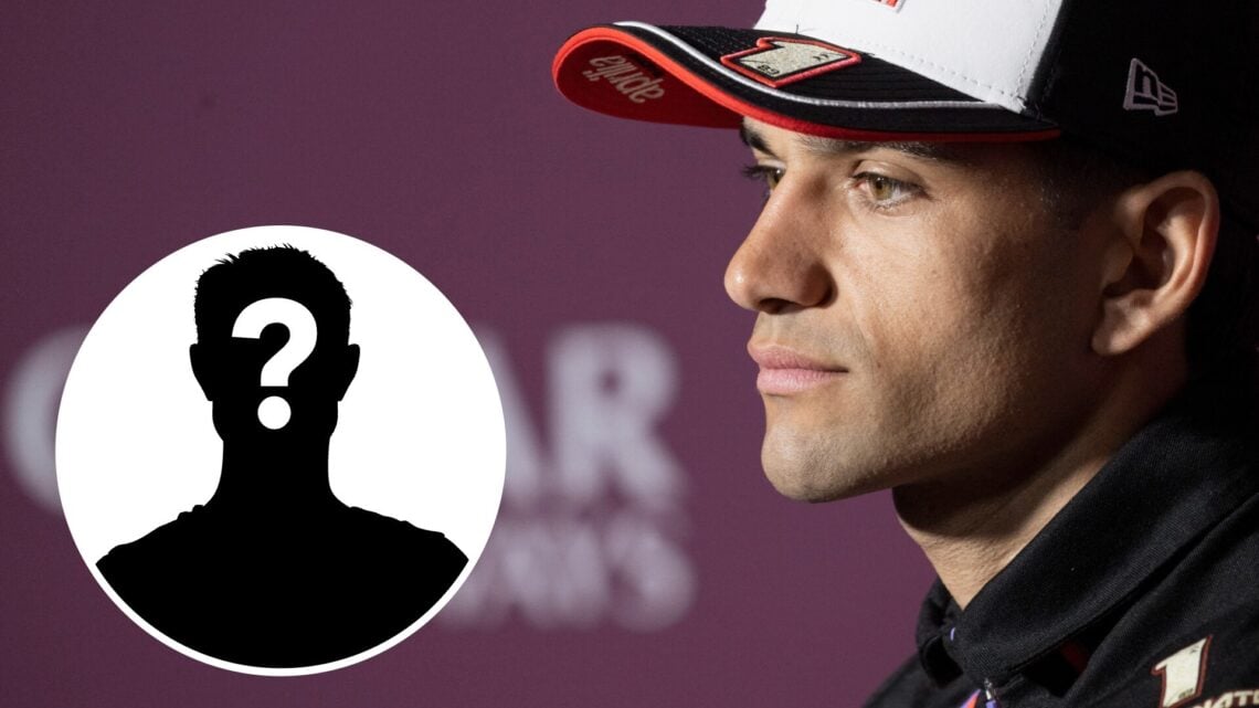 Aprilia rider Jorge Martin speaks to the media at the 2025 MotoGP Qatar Grand Prix with a mystery person inset