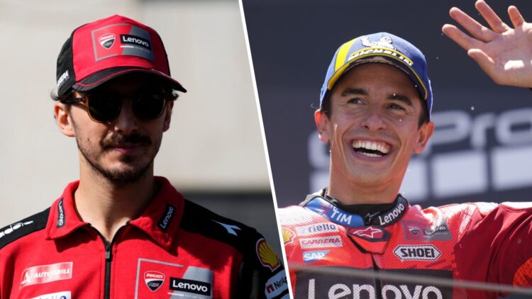 Ducati rider Francesco Bagnaia before the 2025 MotoGP Aragon Grand Prix and Marc Marquez celebrates winning the 2025 MotoGP Aragon Grand Prix
