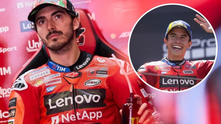 Ducati rider Francesco Bagnaia in the garage during practice for the 2025 MotoGP Italian Grand Prix at Mugello with an inset of Marc Marquez of Duc...