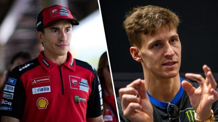 Marc Marquez of Ducati in the MotoGP paddock (L); Fabio Quartararo of Yamaha in an interview