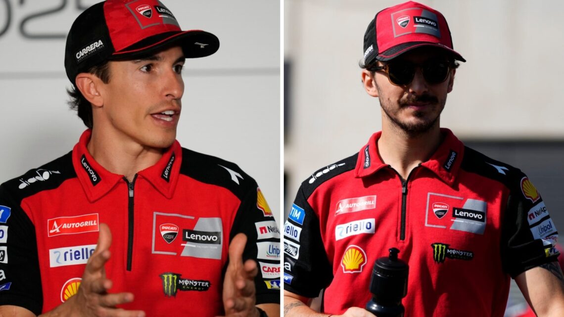 Marc Marquez of Ducati in a press conference (L); Francesco Bagnaia of Ducati walks in the paddock (R)