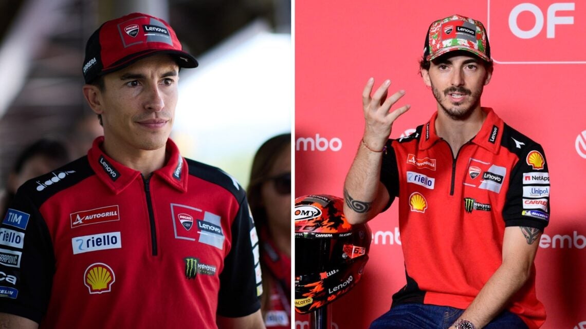 Split image of Ducati riders Marc Marquez (L) and Francesco Bagnaia (R) at the 2025 Italian Grand Prix