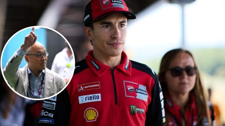 Marc Marquez of Ducati walks in the MotoGP paddock; inset of Liberty Media CEO Derek Chang