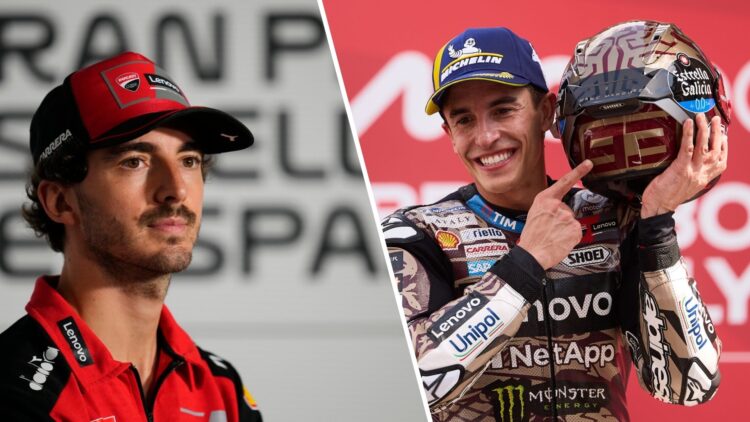 Marc Marquez of Ducati celebrates winning the 2025 Italian Grand Prix and Francesco Bagnaia