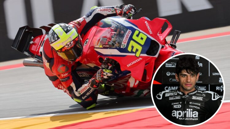 Honda rider Joan Mir on track at the 2025 Aragon Grand Prix, inset Jorge Martin in the Aprilia garage