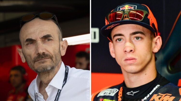Claudio Domenicali of Ducati in the garage (L); Pedro Acosta of KTM looks on (R)