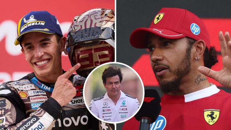 Marc Marquez of Ducati on the MotoGP podium (L); Lewis Hamilton of Ferrari holds a microphone (R); inset of Toto Wolff