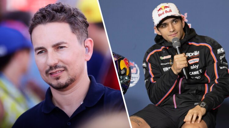 Split image of Jorge Lorenzo (L) and Aprilia rider Jorge Martin (R) speaking to the press at the 2025 Americas GP