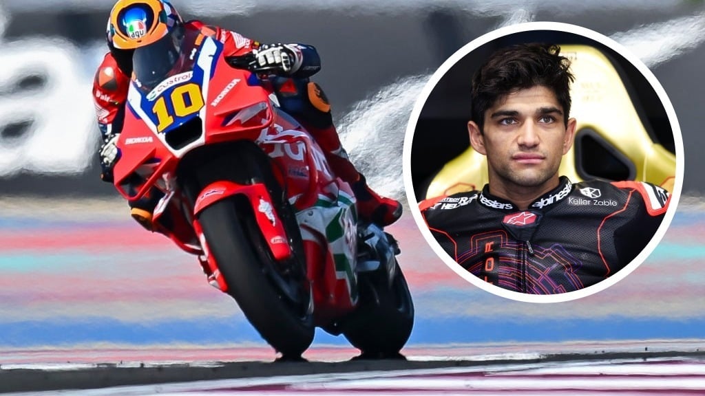 Honda rider Luca Marini during qualifying at the 2025 Qatar Grand Prix, inset Jorge Martin