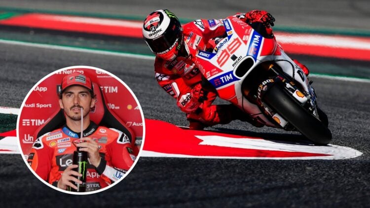 Jorge Lorenzo of Ducati at the 2017 MotoGP round at Catalunya, inset Francesco Bagnaia