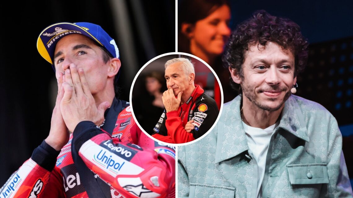 Marc Marquez of Ducati celebrates on the podium (L); Valentino Rossi in an interview (R); inset of Davide Tardozzi