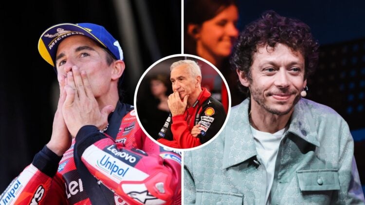 Marc Marquez of Ducati celebrates on the podium (L); Valentino Rossi in an interview (R); inset of Davide Tardozzi
