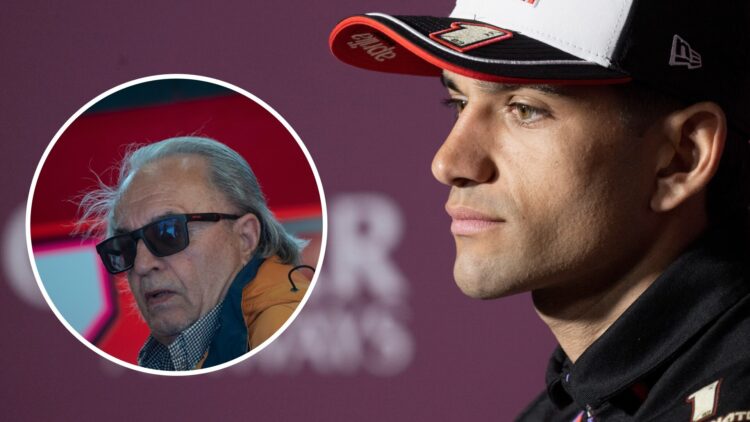 Aprilia rider Jorge Martin during the press conference at the 2025 Qatar Grand Prix, inset Carlo Pernat