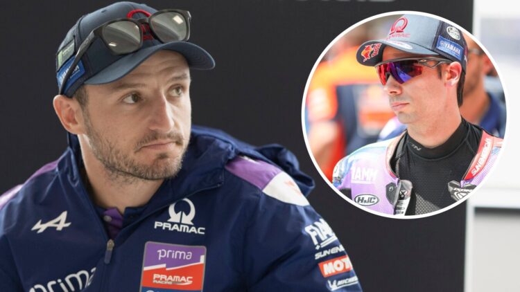 Pramac Yamaha rider Jack Miller speaks to the media before the 2025 MotoGP British Grand Prix at Silverstone with an inset of Miguel Oliveira on th...