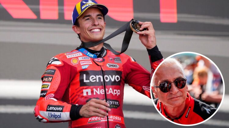 Marc Marquez celebrating victory at the 2025 Aragon Grand Prix, inset Ducati team manager Davide Tardozzi