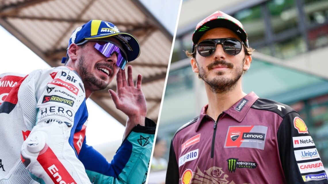 Fabio Di Giannantonio of VR46 celebrates (L); Francesco Bagnaia of Ducati walks in the MotoGP paddock (R)