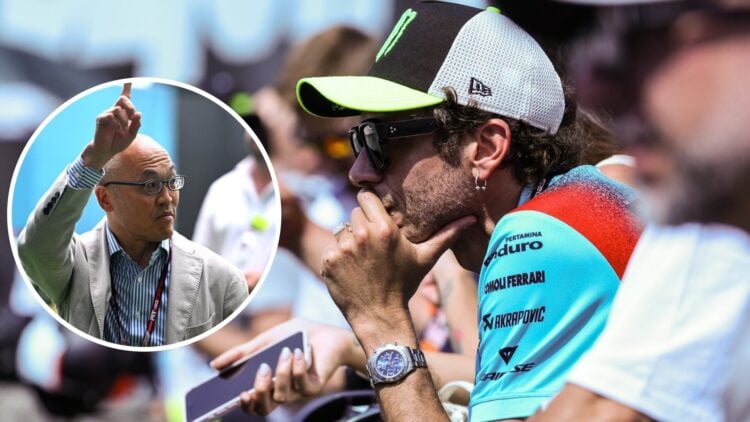 Valentino Rossi of VR46 watches a MotoGP race; inset of F1 CEO Derek Chang