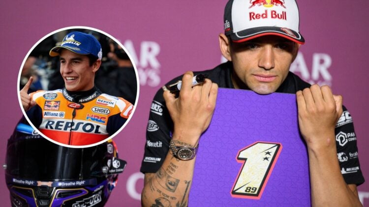 Jorge Martin of Aprilia sits in a press conference; inset of Marc Marquez celebrating in Honda colours
