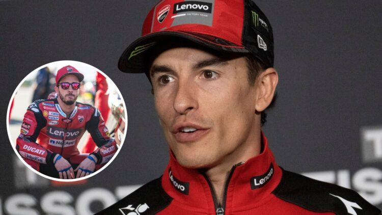 Marc Marquez of Ducati speaks in a press conference; inset of Andrea Dovizioso