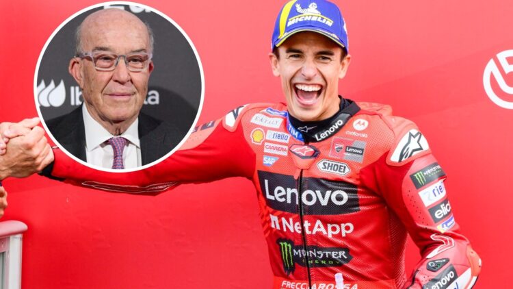 Ducati rider Marc Marquez celebrates after winning the 2025 Aragon Grand Prix, inset Dorna CEO Carlos Ezpeleta