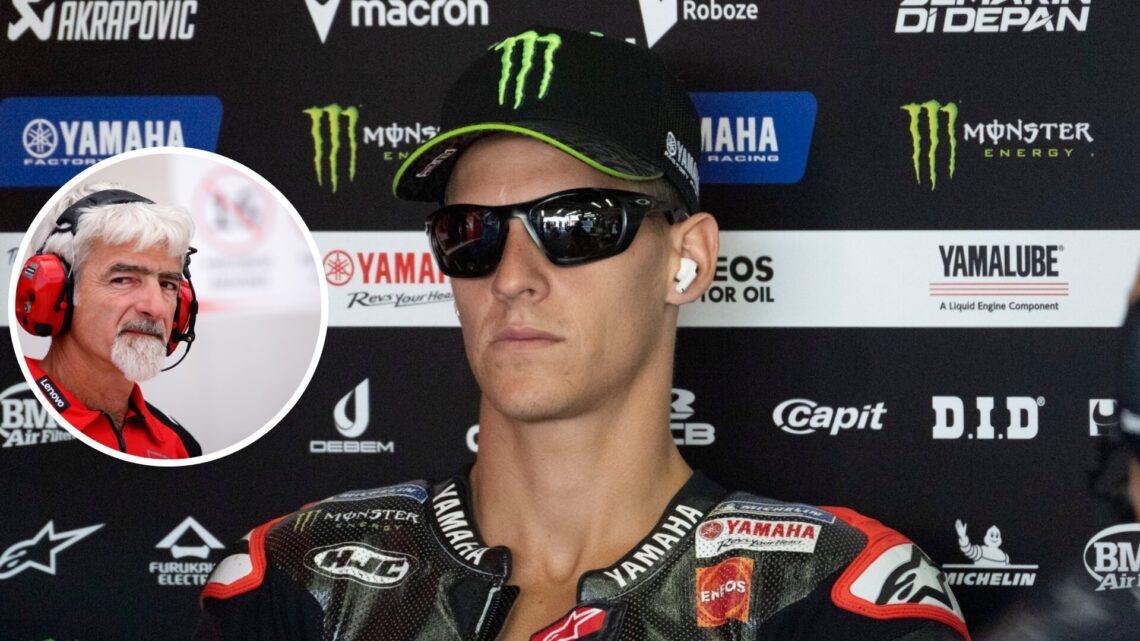 Fabio Quartararo of Yamaha sits in the garage; inset of Ducati boss Luigi Dall'Igna
