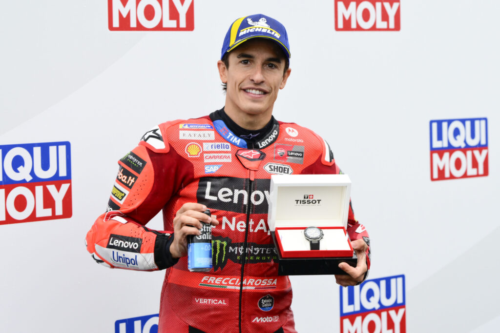 Marc Marquez of Ducati celebrates scoring pole for the 2025 MotoGP German Grand Prix