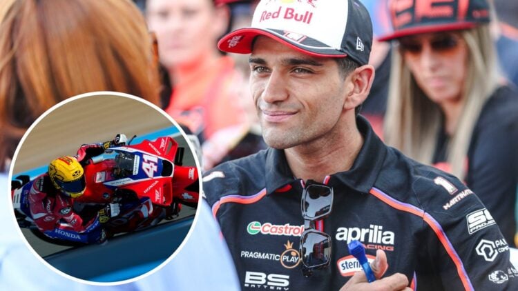 Aprilia rider Jorge Martin speaking to the media at the 2025 Qatar Grand Prix, inset Aleix Espargaro