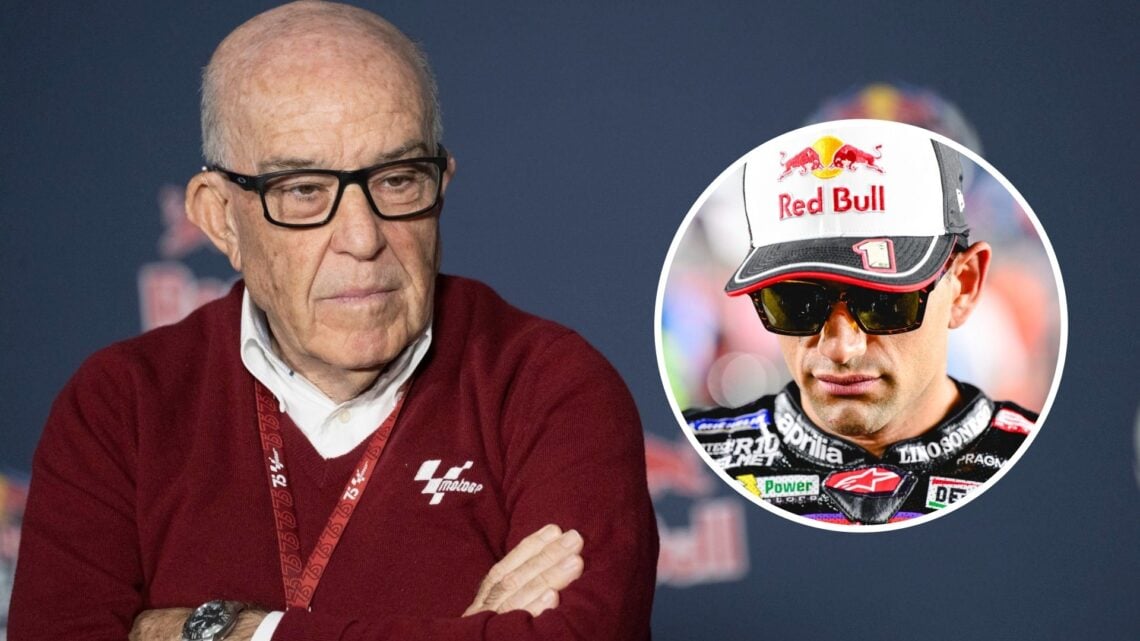Dorna CEO Carmelo Ezpeleta sits in a MotoGP press conference; inset of Jorge Martin of Aprilia