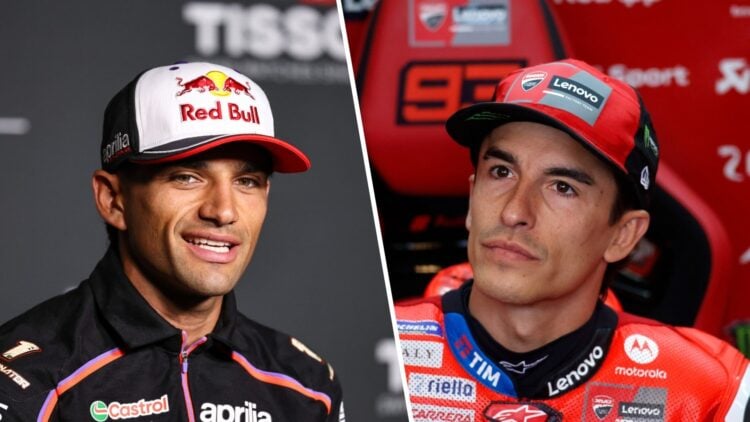 Split image of Jorge Martin (L) at the 2025 Czech Grand Prix and Marc Marquez (R) at the 2025 German Grand Prix