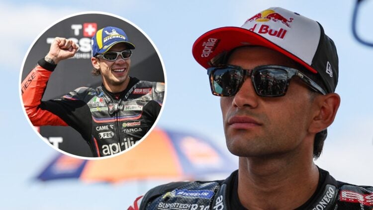 Aprilia rider Jorge Martin on the grid before the Brno Sprint at the 2025 MotoGP Czech Grand Prix with an inset of Marco Bezzecchi celebrating his ...
