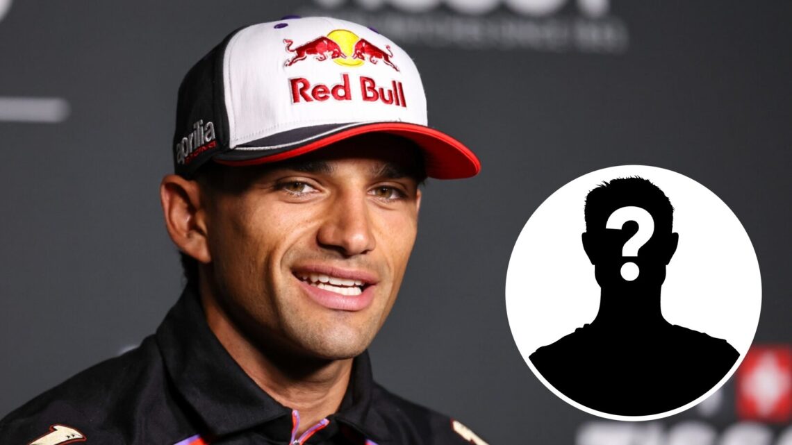 Aprilia rider Jorge Martin speaks to the media at the 2025 MotoGP Czech Grand Prix with a mystery person inset