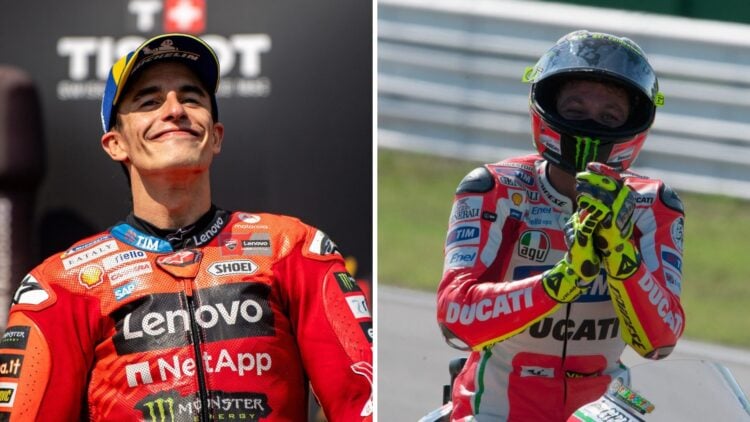 Marc Marquez of Ducati on the podium (L); Valentino Rossi celebrates on a Ducati MotoGP bike (R)