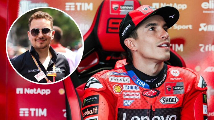 Marc Marquez sits in the Ducati MotoGP garage; inset of Jorge Lorenzo