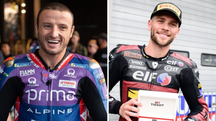 Jack Miller of Pramac at a MotoGP fan event (L); Moto2 rider Jake Dixon celebrates pole position