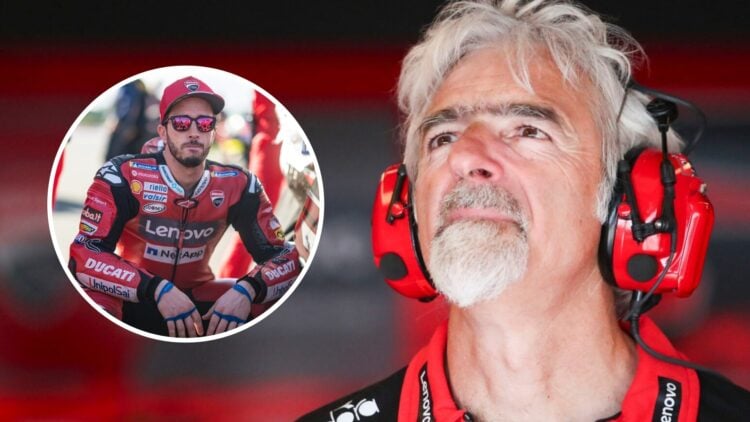 Ducati general manager Luigi Dall'Igna at the 2025 Aragon GP with an inset of rider Andrea Dovizioso on the grid before the 2020 MotoGP Valencia Gr...