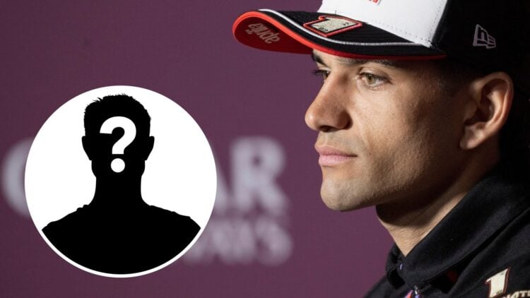 Aprilia rider Jorge Martin speaks to the press at the 2025 MotoGP Qatar Grand Prix with a mystery person insset