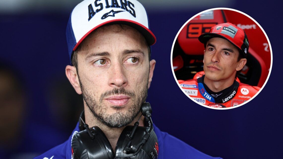 Yamaha test rider Andrea Dovizioso in the garage during the 2025 MotoGP Sepang Test with an inset of Marc Marquez in the Ducati garage at the 2025 ...