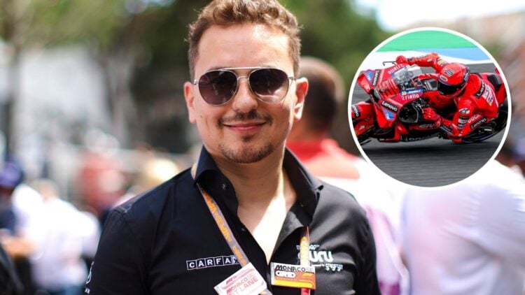 Jorge Lorenzo stands on the starting grid; inset of a Ducati MotoGP bike