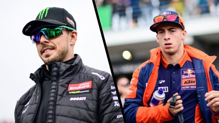 Fabio di Giannantonio (left) doing a MotoGP track walk and Pedro Acosta (right) leaving his KTM garage after a MotoGP session