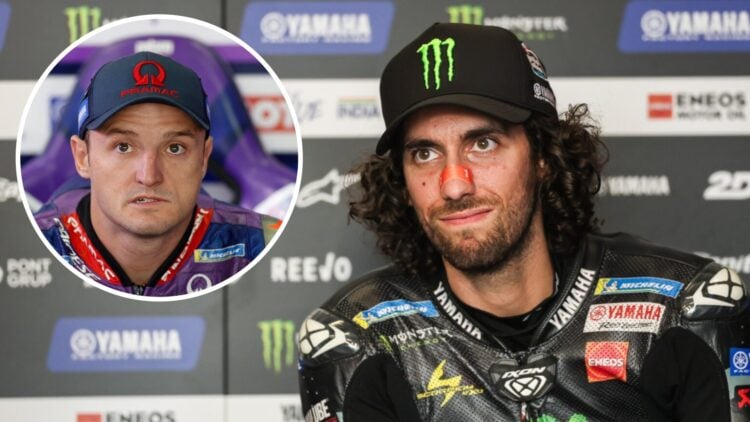 Yamaha rider Alex Rins sits in the garage during practice for the 2025 MotoGP Czech Grand Prix with an inset of Pramac's Jack Miller in Germany