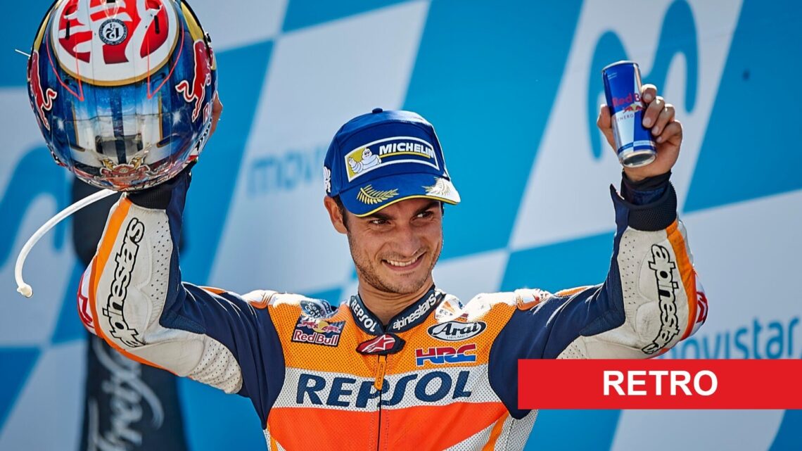 Dani Pedrosa celebrates on the MotoGP podium for Honda