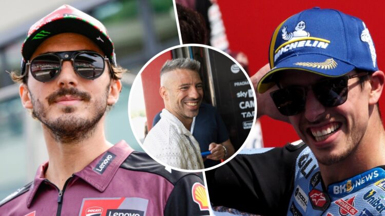 Ducati rider Francesco Bagnaia in the paddock at the 2025 MotoGP Italian Grand Prix and Alex Marquez of Gresini after the race at Mugello with an i...