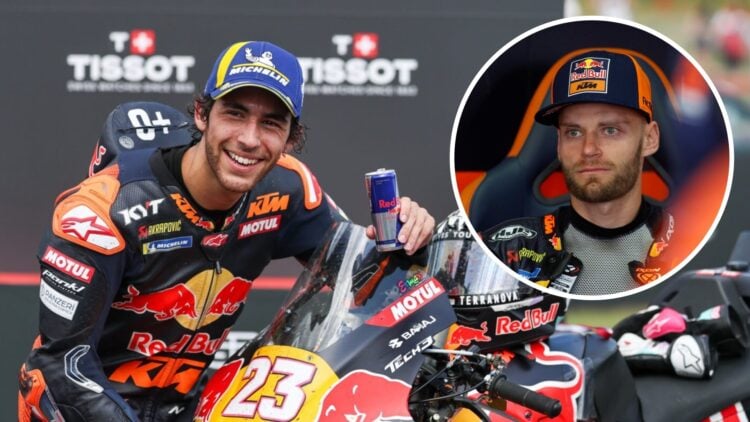 Tech3 rider Enea Bastianini celebrates his podium in the Sprint Race at the 2025 MotoGP Czech Grand Prix with an inset of KTM's Brad Binder in Germany