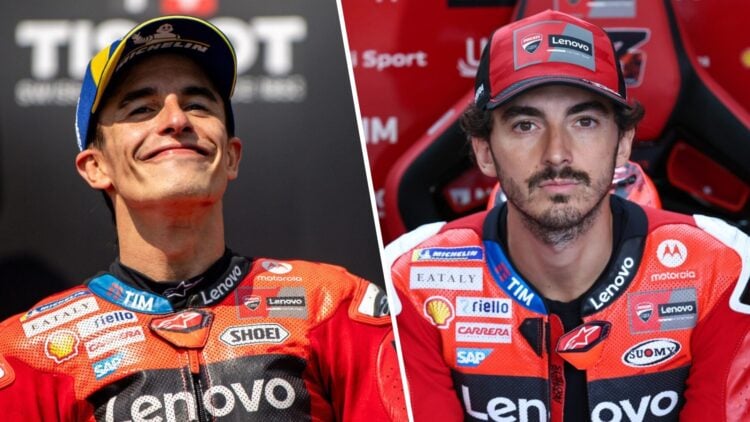 Marc Marquez celebrates winning the 2025 MotoGP Czech Grand Prix and Francesco Bagnaia sits in the Ducati garage during practice at Brno